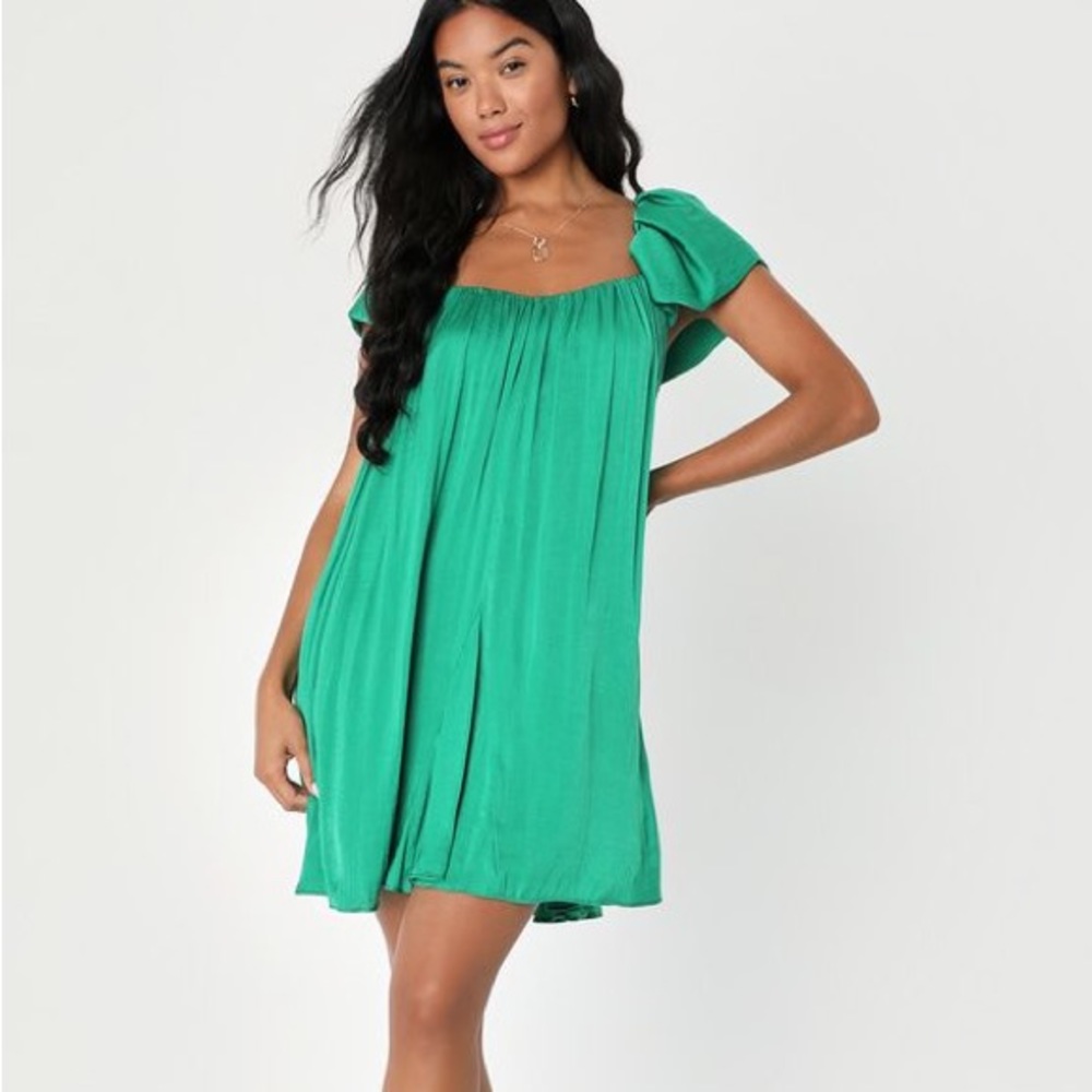 Lulus Florentine Feelings Green Satin Flutter Sleeve Shift Mini Dress